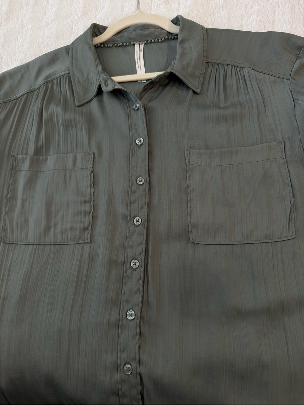 By Anthropologie Olive Green Pleated Satin Button-Down Blouse XL